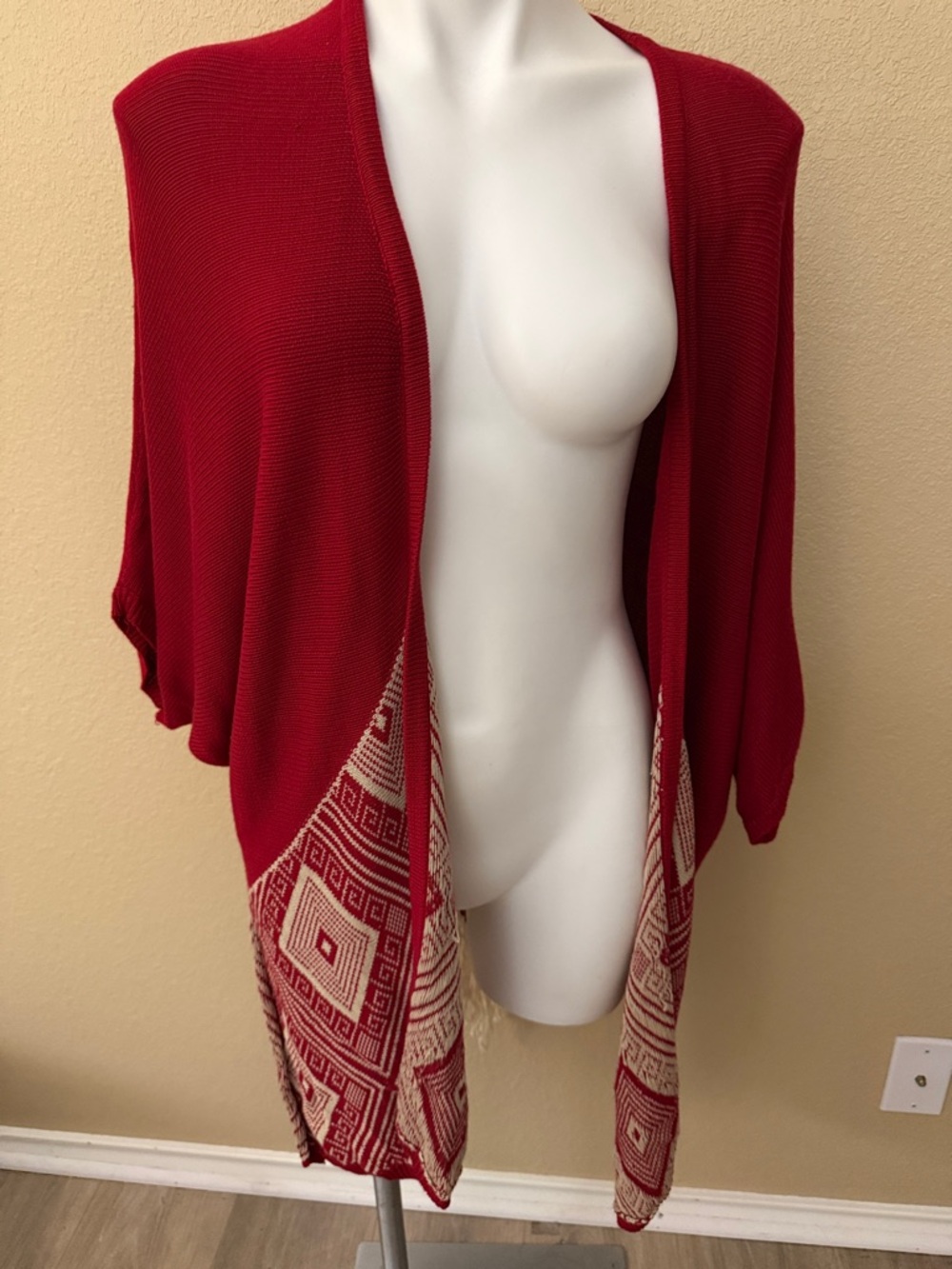Umgee Red and Cream Open Front Crochet Fringe Cardigan